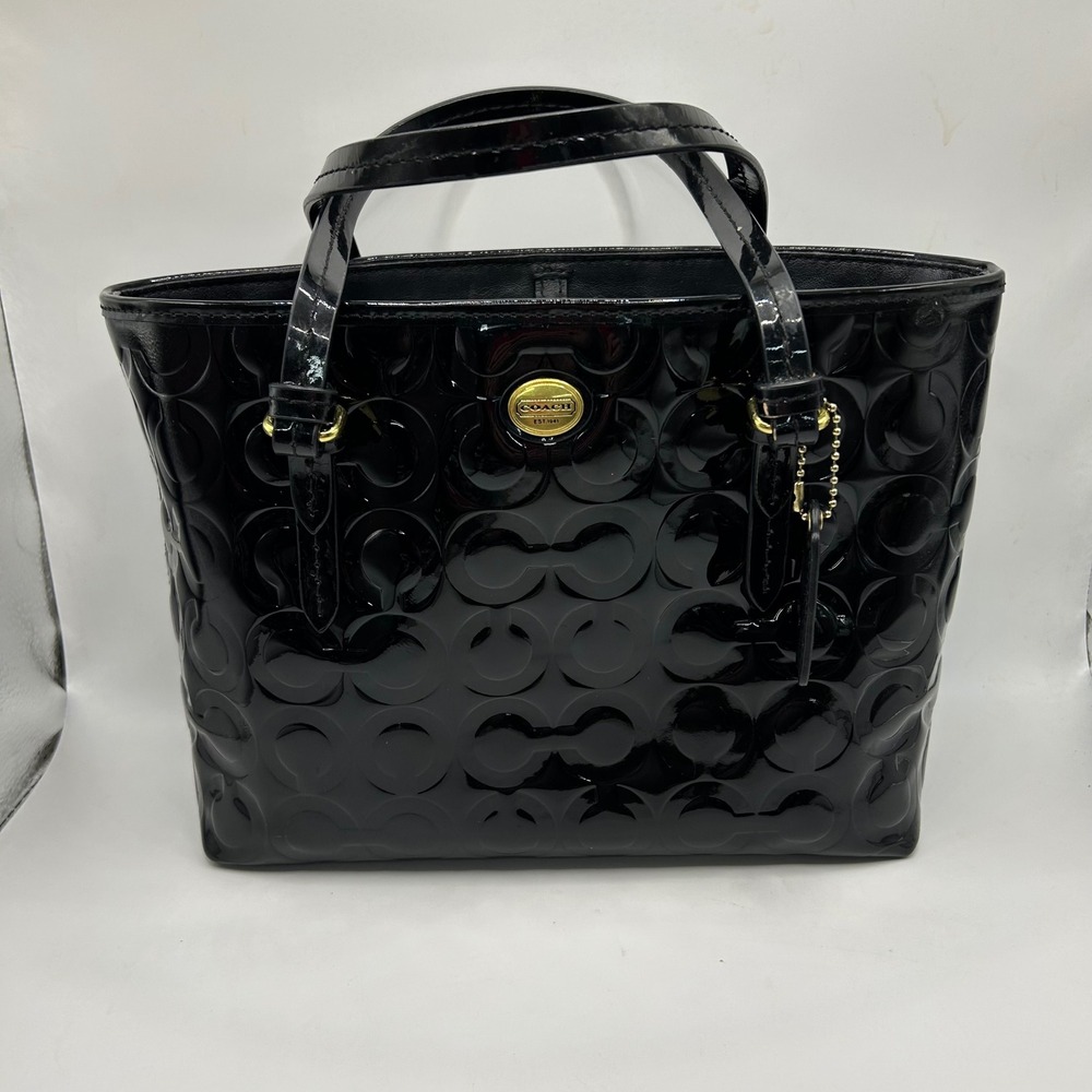 Coach Black Signature Embossed Patent Leather Tote Bag Gold Hardware Handbag